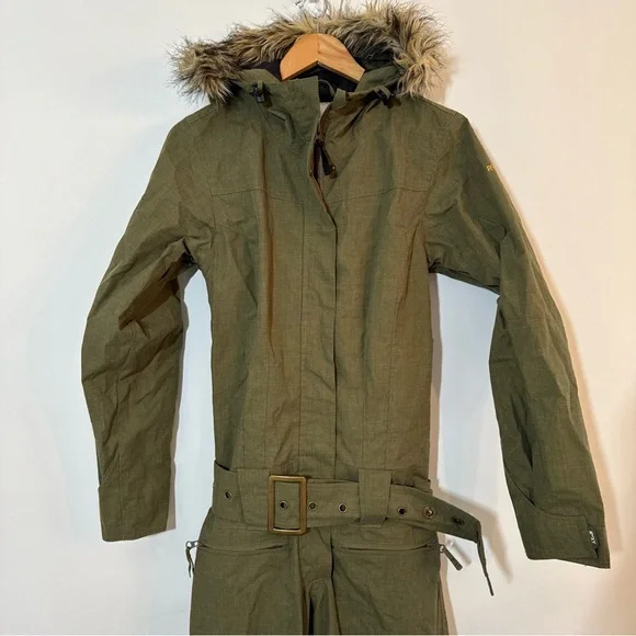 Roxy Snow Jumpsuit Snow Suit Olive Green Women’s XS Fur Lined Collar Y2K - Picture 2 of 15